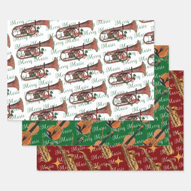 Merry Music Saxophone, Violin and Trumpet Festive Wrapping Paper Sheets (Set)