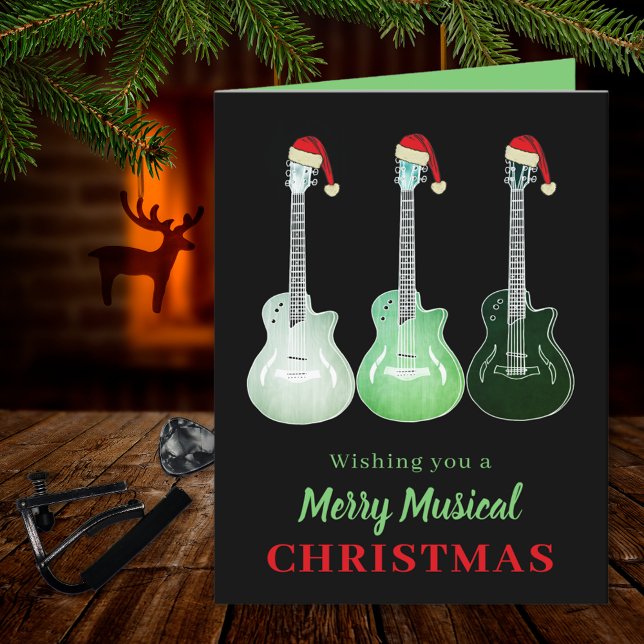 Merry Musical Rock and Roll Christmas Guitar Holiday Card (Rock and roll Christmas guitar custom holiday greetings folded card for guitarist musician teacher)