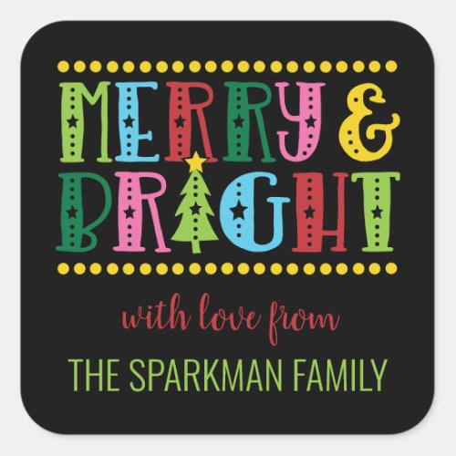 Merry N Bright Colorful Cute Personalized Holiday Square Sticker