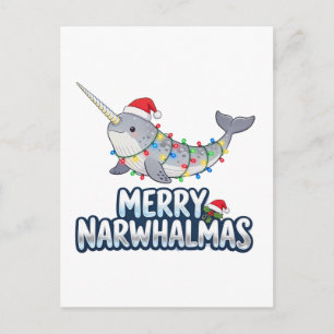 Merry Narwhalmas Wearing a Santa Hat Christmas Holiday Postcard