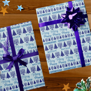 Merry Navy Interfaith Childs Name Chrismukkah Wrapping Paper