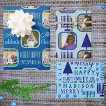 Merry Navy Interfaith Chrismukkah Assortment Wrapping Paper Sheets<br><div class="desc">Add this custom gift wrapping sheet assortment with your photos and a design theme of dark navy blue Menorahs and Christmas trees for a one of a kind personalized interfaith Chrismukkah celebration. Wrapping Paper Sheet One is set on a deep blue background with light blue typography text alternating with two...</div>
