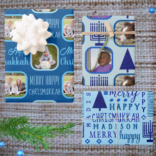 Merry Navy Interfaith Chrismukkah Assortment Wrapping Paper Sheets