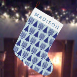 Merry Navy Interfaith Chrismukkah Cute Childs Name Large Christmas Stocking<br><div class="desc">Create your own personalized navy blue Menorah and Christmas tree pattern Christmas stocking as a perfect crossover for Chrismukkah and Hanukkah celebrations. The classic Christmas stocking with the iconic symbols of both Christmas and Hanukkah in deep navy blue is cute for children and pets but adults will love it too....</div>