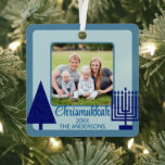 Merry Navy Interfaith Chrismukkah Double Sided Metal Ornament<br><div class="desc">Create your own cute Chrismukkah ornament in navy and light blue and featuring your photo, front and back, for a one of a kind family keepsake. From the simple navy blue Christmas tree to the matching navy blue Hanukkah menorah, this dark navy and pastel blue square metal ornament will commemorate...</div>