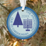 Merry Navy Interfaith Chrismukkah Photo Keepsake Ornament<br><div class="desc">Personalize this cute OUR 1ST CHRISMUKKAH ornament in navy and light blue for a one of a kind family keepsake. From the simple navy blue Christmas tree to the matching navy blue Hanukkah menorah, this dark navy and pastel blue acrylic ornament will commemorate your first blended interfaith holiday. The reverse...</div>