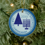 Merry Navy Interfaith Cute 1st Chrismukkah Photo Ceramic Ornament<br><div class="desc">Personalize this cute OUR 1ST CHRISMUKKAH ornament in navy and pastel blue for a one of a kind family keepsake. From the simple navy blue Christmas tree to the matching navy blue Hanukkah menorah, this dark navy and light blue ceramic ornament will commemorate your first blended interfaith holiday. Upload your...</div>
