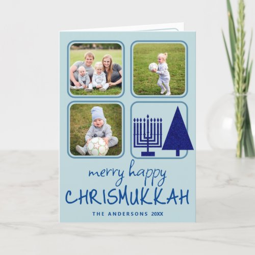 Merry Navy Interfaith Cute Handwriting 3 Photo Holiday Card