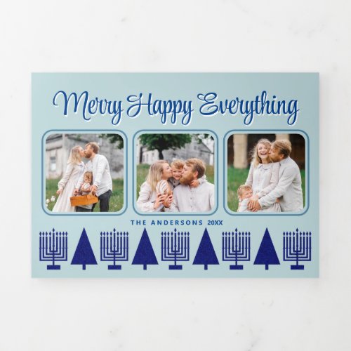 Merry Navy Interfaith Elegant Script 4 Photo Tri_Fold Holiday Card