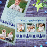 Merry Navy Interfaith Elegant Script 4 Photo Tri-Fold Holiday Card<br><div class="desc">Create your own 5 photo tri-fold holiday cards with this elegant modern navy and light Merry Happy Everything interfaith design. The horizontal design features three of your favorite pictures on the front, with rounded corners and bordered with a thin dark blue frame on a pastel blue background. Matching deep blue...</div>