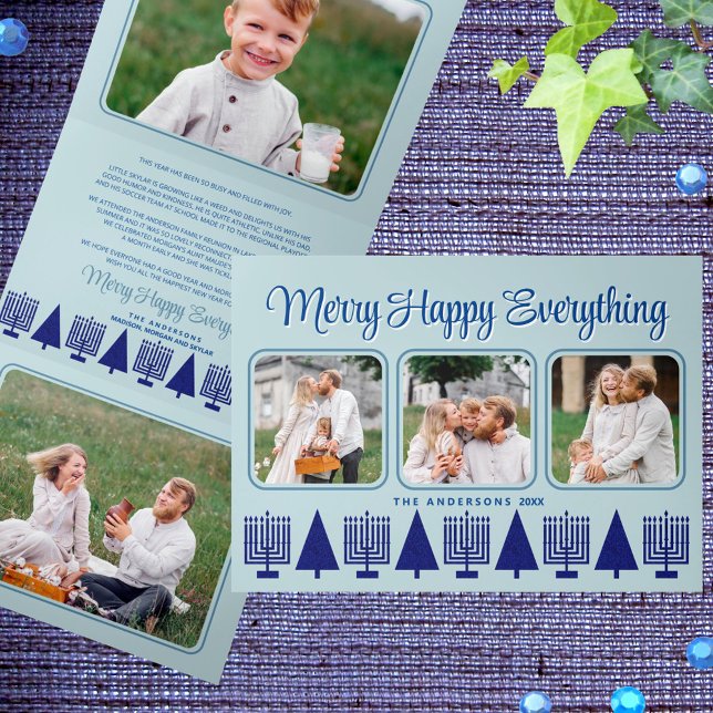 Merry Navy Interfaith Elegant Script 4 Photo Tri-Fold Holiday Card (Tri-fold holiday cards with Hanukkah menorahs and Christmas trees for interfaith families & couples)