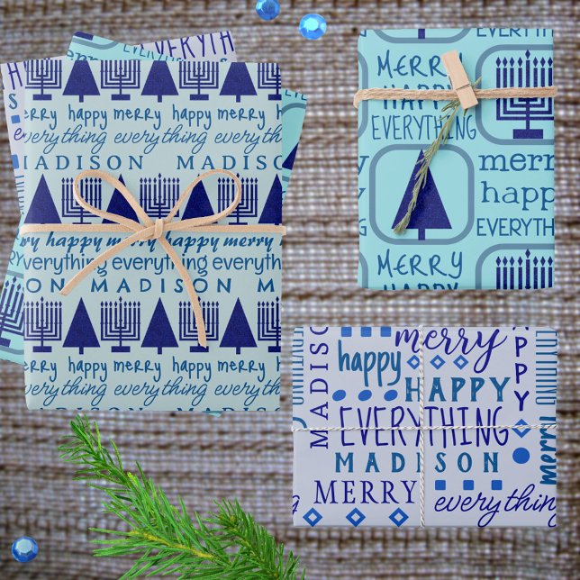 Merry Navy Interfaith Everything Add Childs Name Wrapping Paper Sheets (Personalize this Merry Happy Everything holiday wrapping paper with children's names)