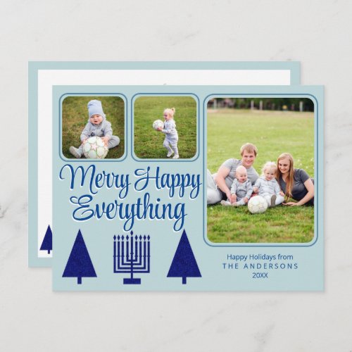 Merry Navy Interfaith Family Kids 3 Photo Holiday Postcard