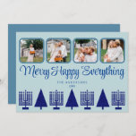 Merry Navy Interfaith Menorah Tree Cute 4 Photo Holiday Card<br><div class="desc">Personalize these 4 photo collage holiday cards in a simple navy blue and pastel blue Merry Happy Everything interfaith design. An elegant stylized script font in deep blue with a slight drop shadow in white adds interest and the row of five navy blue Menorahs and four matching Christmas trees makes...</div>
