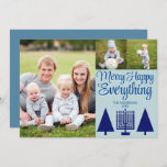 Merry Navy Interfaith Tree Menorah Cute 3 Photo Holiday Card<br><div class="desc">Photo templates make designing your own 3 photo collage holiday cards a snap with this modern elegant script Merry Happy Everything design in navy and pastel blue. Add your favorite large photo on the left of these custom cards then add two smaller pictures on the upper right above MERRY HAPPY...</div>