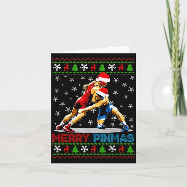 Merry Nmas Ugly Christmas Santa Claus Wrestling Bo Card (Front)