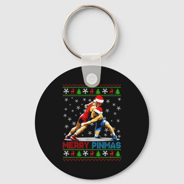 Merry Nmas Ugly Christmas Santa Claus Wrestling Bo Keychain (Front)