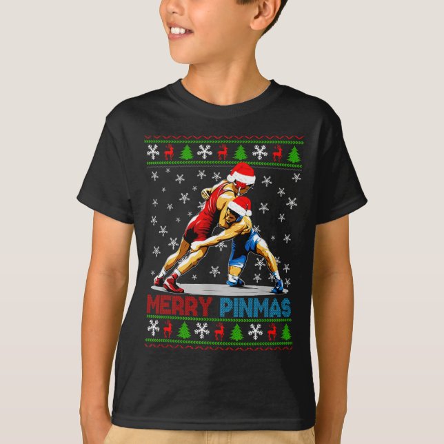 Merry Nmas Ugly Christmas Santa Claus Wrestling Bo T-Shirt (Front)