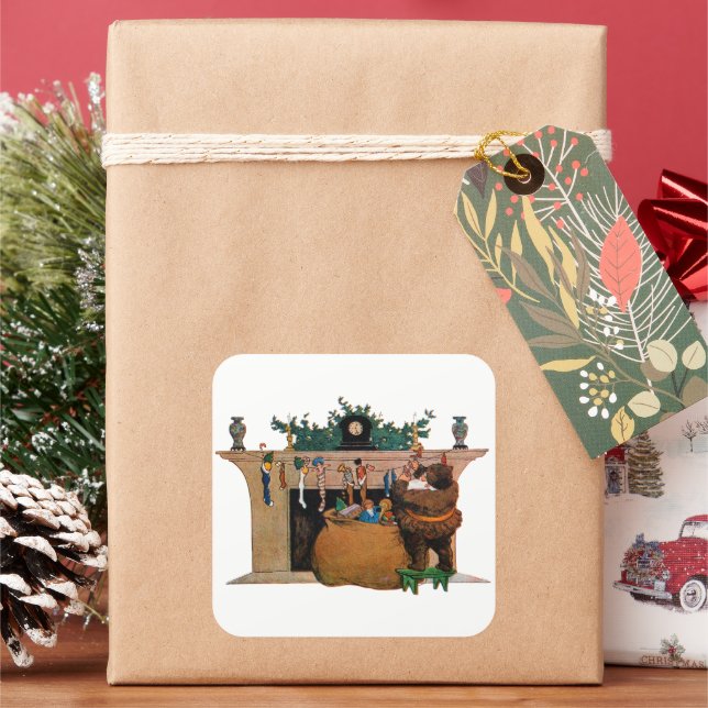 Merry Old Christmas Elf, Jessie Willcox Smith Square Sticker (Holiday)