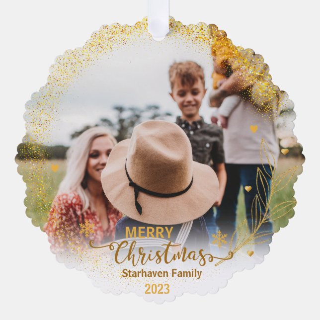 merry ornaments photo family name and year gold (Front)