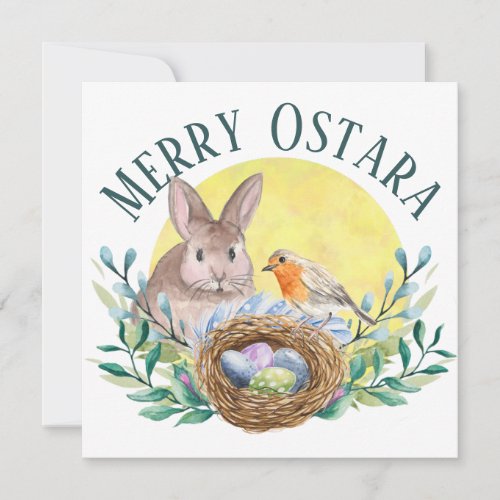 Merry Ostara Spring Bunny  Bird Nest Holiday Card