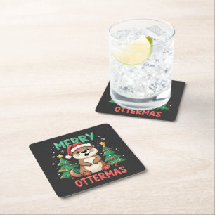 Merry Ottermas Funny Otter Animal Christmas Lovers Square Paper Coaster