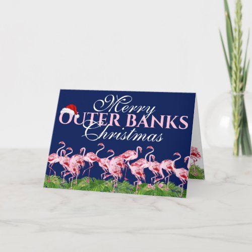 Merry Outer Banks Christmas Pink Flamingo OBX Holiday Card