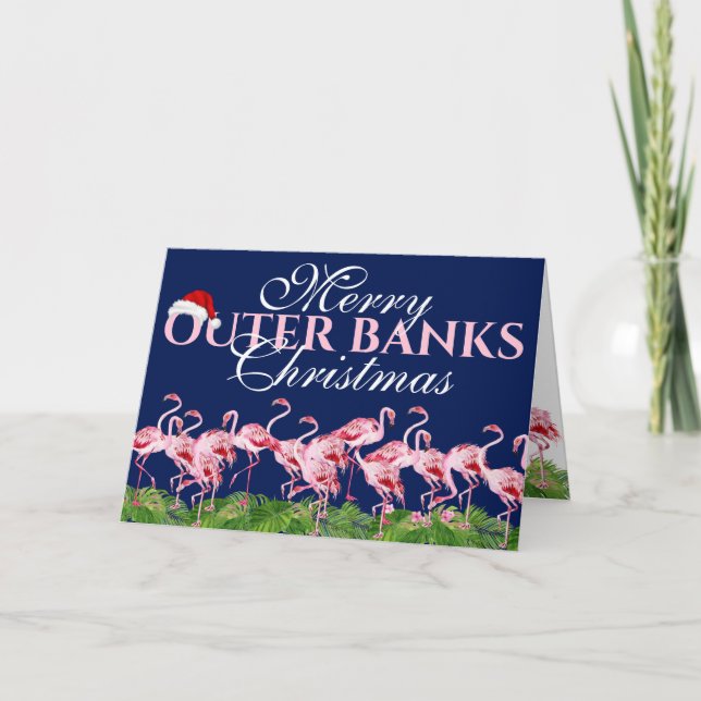 Merry Outer Banks Christmas Pink Flamingo OBX Holiday Card (Front)