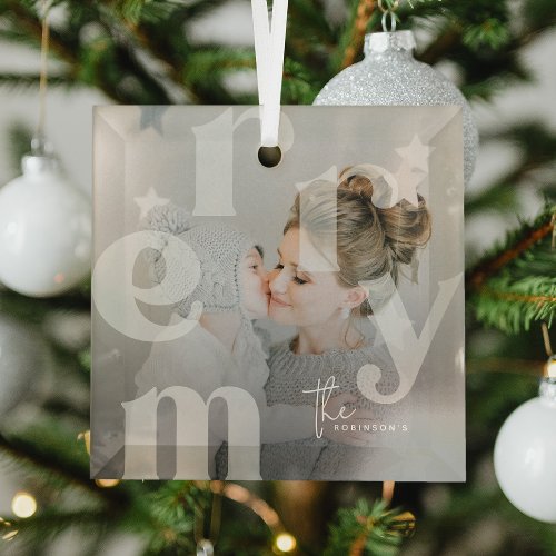MERRY Overlay Typography Photo Christmas Glass Ornament