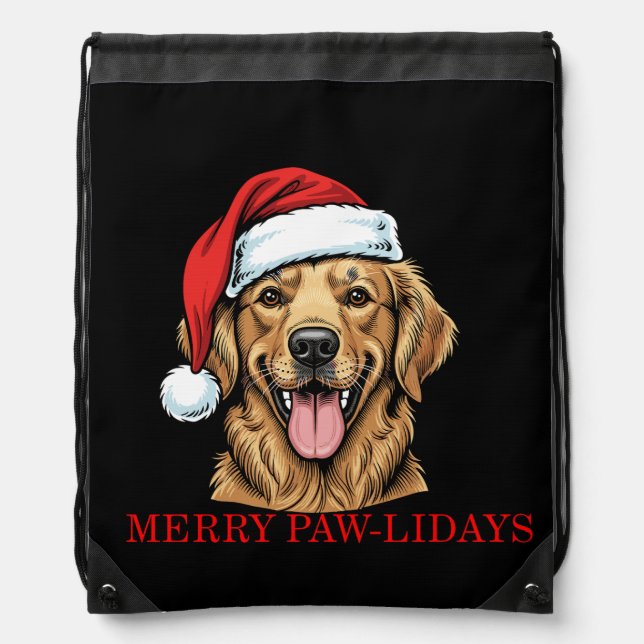 Merry Paw-lidays Christmas Dog Drawstring Backpack (Front)