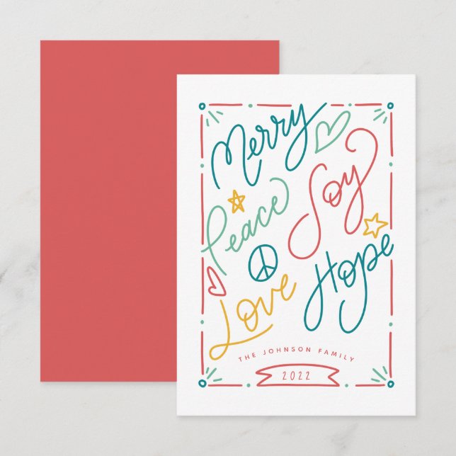 Merry Peace Joy Love Hope Handdrawn Bright Holiday Card (Front/Back)