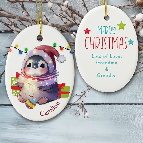 Merry Penguin Kids Christmas Ceramic Ornament