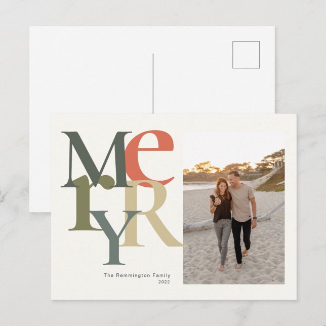 Merry Photo Christmas Teal Orange Holiday Postcard (Front/Back)
