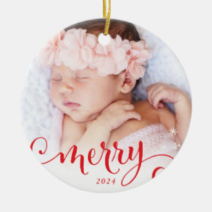MERRY PHOTO family fun calligraphy overlay red Ceramic Ornament