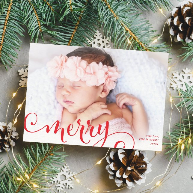 MERRY PHOTO family fun calligraphy overlay red Holiday Card (Creator Uploaded)