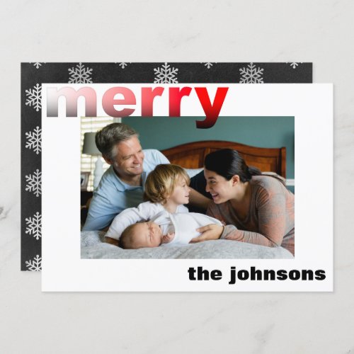 Merry Photo Name Minimal Black Snow Silver Invitation