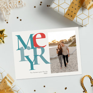 Merry Photo Simple Flat Teal Red Holiday Card