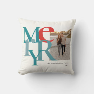 Merry Photo Simple Flat Teal Red Throw Pillow