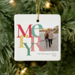 Merry Photo Simple Red Green Yellow Ceramic Ornament<br><div class="desc">These 2.75" x 2.75" Christmas holiday ornaments feature a placeholder for your favorite photo,  name and year. The letters in the word,  Merry are large and in different colors of red,  green and yellpw on an ivory background.

Made of white porcelain,  Full-color,  full-bleed printing,  Printing on both sides.</div>