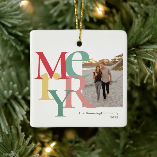 Merry Photo Simple Red Green Yellow Ceramic Ornament