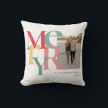 Merry Photo Simple Red Green Yellow Throw Pillow<br><div class="desc">These 16" x 16" Christmas holiday ornaments feature a placeholder for your favorite photo,  name and year. The letters in the word,  Merry are large and in different colors of red,  green and yellow on an ivory background.</div>