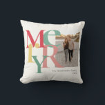 Merry Photo Simple Red Green Yellow Throw Pillow<br><div class="desc">These 16" x 16" Christmas holiday ornaments feature a placeholder for your favorite photo,  name and year. The letters in the word,  Merry are large and in different colors of red,  green and yellow on an ivory background.</div>