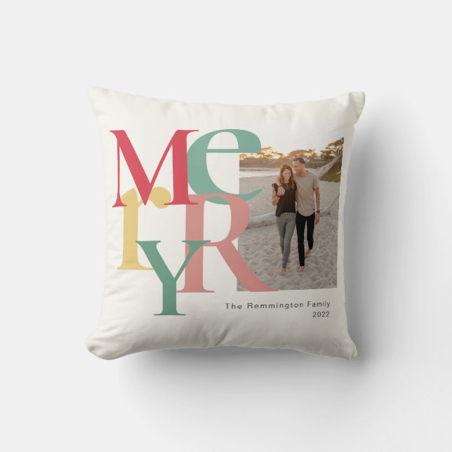 Merry Photo Simple Red Green Yellow Throw Pillow (Front)