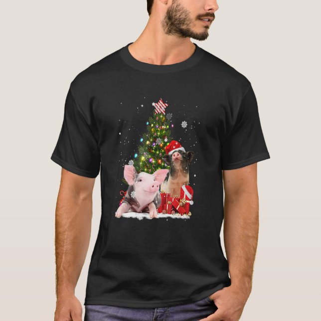 Merry Pig Christmas Pink Pigs Reindeer Hat Xmas Tr T-Shirt (Front)