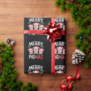 Merry Pigmas Christmas Pig Santa Hat Holly Lights Wrapping Paper