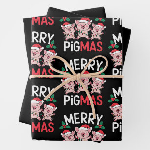 Merry Pigmas Christmas Pig Santa Hat Holly Lights Wrapping Paper Sheets