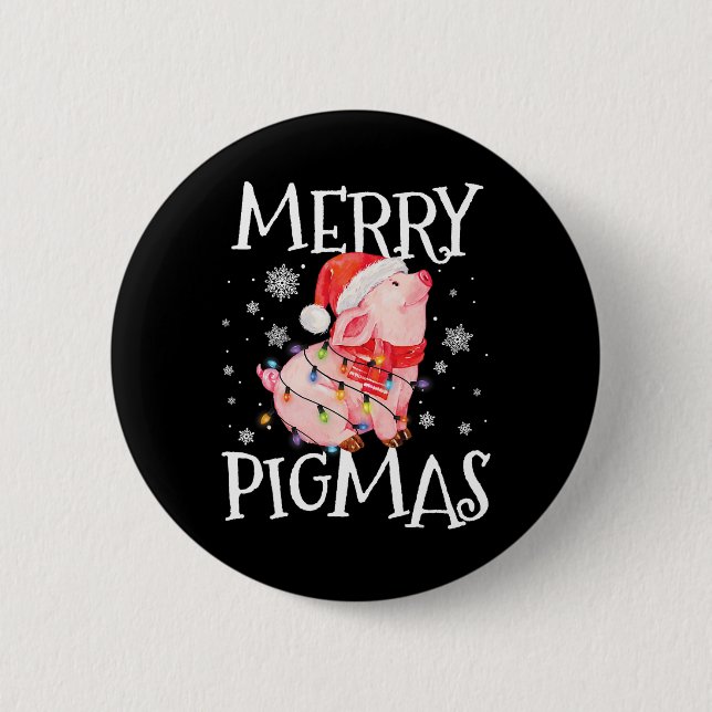 Merry Pigmas Funny Pig Christmas Lights Tree Xmas  Button (Front)
