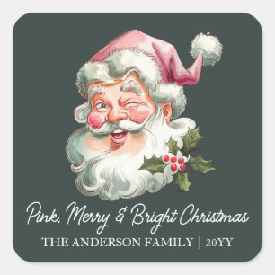 Merry Pink Christmas Santa retro watercolor Square Sticker