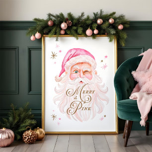 Merry & Pink Classic Christmas Retro Pink Santa Poster