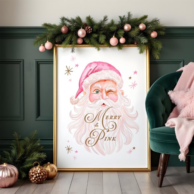 Merry & Pink Classic Christmas Retro Pink Santa Poster (Merry & Pink Classic Christmas Retro Pink Santa Poster)